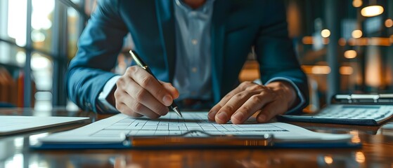 A businessman completing a quality control checklist with a pen. Concept Business, Quality Control, Checklist, Pen, Professionalism