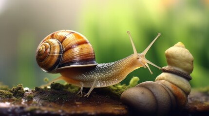 Closeup af a Yellow and Black banded Snail carrying a tiny snail on her back - obrazy, fototapety, plakaty
