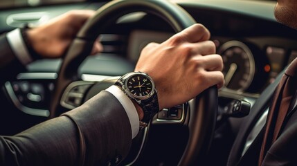 top view of man's watch in black suit keeping hand on the steering wheel while driving a luxury car. AI generated