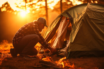 A man is setting up a tent in a forest