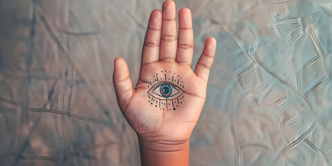 Hand showcasing an artistic eye illustration, symbolizing vision and perception. - obrazy, fototapety, plakaty