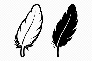 Vector Black and White Fluffy Feather Logo Icons. Silhouette Feather Set Closeup Isolated. Design Template of Flamingo, Angel, Bird Feather. Lightness and Freedom Concept