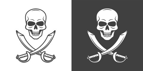 Vector Black and White Skull and Crosshairs Sabers Icon Set Closeup Isolated. Skulls Collection with Outline, Cut Out Style in Front View. Hand Drawn Skull Head Design Template