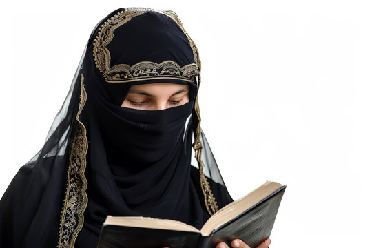 Muslim woman in a niqab deeply engaged in reading, the gold embroidery of her black hijab glimmers softly. Isolated, white background