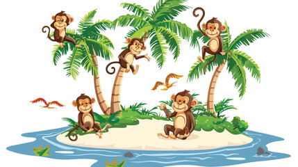 Scene with monkeys on the island on white backgroun