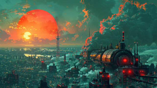 old poster retro Soviet style of energy machine engine providing electricy to a huge city, generative ai