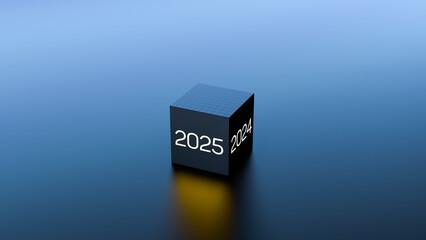 2025 glowing text on the cube replaces 2024. 2025 calendar year,planning,concept,wallpaper.3D render
