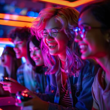 Young adults having fun at a neon lit gaming arcade