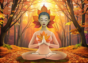 Yoga pose integrated with serene autumn forest scene, conveying harmony with nature.
