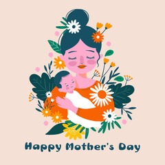 Happy Mothers Day vector greeting happy woman holding a baby with flowers in a cartoon flat style. Vector greeting baby shower card for mom mother.