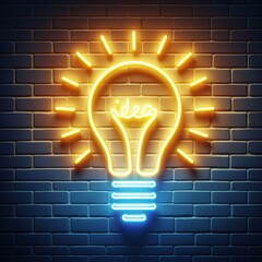 A brightly lit neon sign in the shape of a traditional light bulb, emblazoned with the word "idea". The sign is set against a backdrop of an old, weathered brick wall providing a contrast to the ...