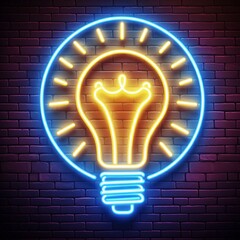 The image showcases a neon sign shaped resembling a light bulb. The vibrant, glowing sign stands in stark contrast against the backdrop of an old brick wall.