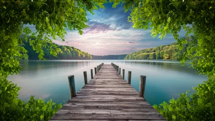 Fotobehang An image captures a tranquil scene with a wooden pier extending into a still lake. Lush green foliage can be seen around the region presenting a calm and peaceful environment. Up above, the sky r... © Laurent
