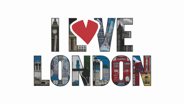 The image creatively exhibits the phrase "I ❤️ London" by substitively depicting renowned city landmarks for the word "London", and utilizing a vibrant red heart to replace the word "love".