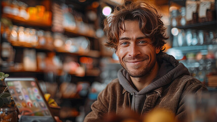 Obraz premium Happy man holding smartphone with social media interface,generative ai