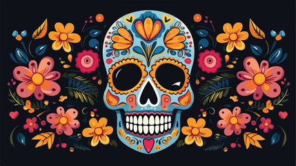 Skull with flowers mexican decoration flat cartoon