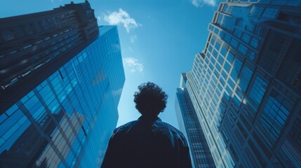 Fototapeta premium Silhouette looking up at skyscraper skyline