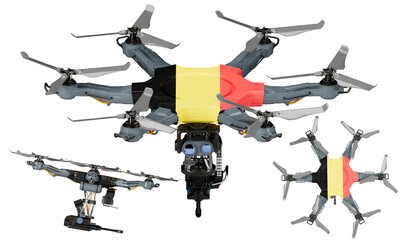 Fleet of Drones Adorned with Belgium Flag Colors Displayed on Black