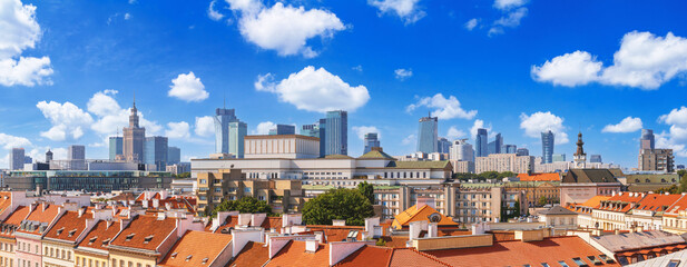 Cityscape, panorama, banner - top view of the district of Srodmiescie in the center Warsaw, Poland