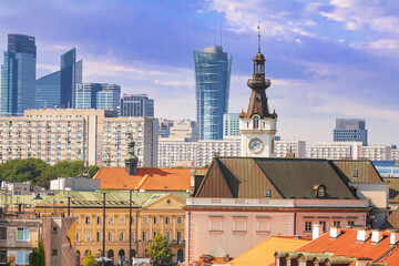 Cityscape - view of the district of Srodmiescie in the center Warsaw with skyscrapers on the...