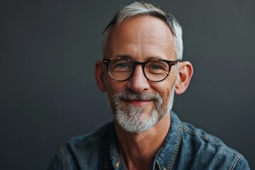 Portrait of a handsome senior man with gray beard wearing glasses. - obrazy, fototapety, plakaty