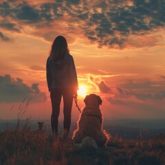 Visually impaired girl with guide dog enjoying sunset in nature