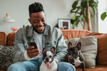 Happy Black Man Looking at and Using Smartphone at Home with Cute Dog - obrazy, fototapety, plakaty