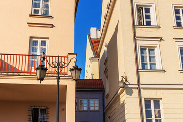 Cityscape - view of old buildings on narrow streets in the Old Town of Warsaw, Poland