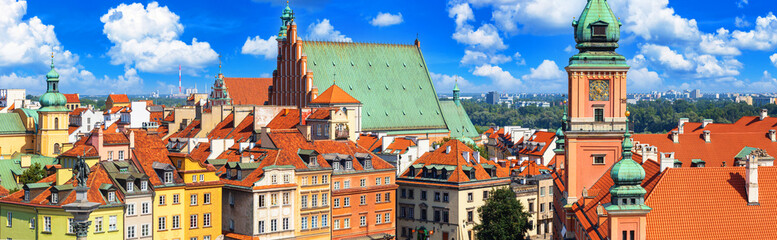 Cityscape, panorama, banner - top view of the Old Town of Warsaw, the Srodmiescie district in the...