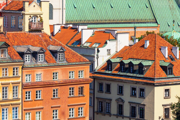 Cityscape - top view of the Old Town next to Archcathedral Basilica of St. John the Baptist in the historical center Warsaw, Poland