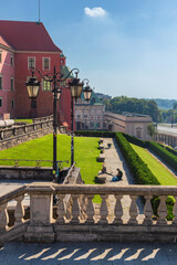Summer cityscape - view of the terraces near the Royal Castle and the Copper-Roof Palace in the Old Town of Warsaw, Poland