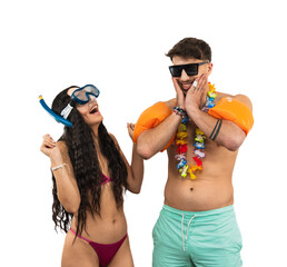 PNG Multicultural couple ready for a beach day, happy as starting summer vacation on transparent background