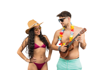 PNG Lovely couple enjoying a sunny day at the beach. latin woman in a bikini smiles as she looks at her boyfriend playing the ukulele, wearing a flower necklace on transparent background