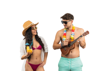 lovely couple enjoying a sunny summer day at the beach. latin woman in a bikini smiles as she looks at her boyfriend playing the ukulele, while holding a cocktail in her hand on transparent background