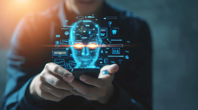 business technology concept, of a businessman using smartphone analysis digital blue robot, business data, 3d robot face, blue background, generative ai