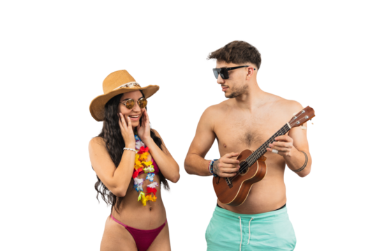 PNG Multicultural couple enjoying summer vibes at the beach. Latin woman in bikini looks surprised as man gazes at her while holding a ukulele on white background