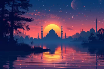 Foto op Plexiglas Free vector eid mubarak festival mosque greeting background,generative ai © LomaPari2021