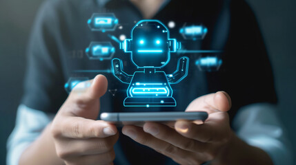 business technology concept, of a businessman using smartphone analysis digital blue robot, business data, robot talk, icons data flow, generative ai