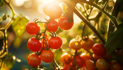 Branch of juicy ripe and organic cherry tomatoes close-up growing in a garden. Bio, organic healthy food. Agriculture. Ketchup ingredient. Generative AI