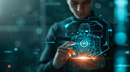 business technology concept, of a businessman touching smartphone analysis digital blue robot, business data, robot talk, blue blurred background, generative ai