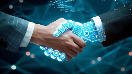 business technology concept, hand of businessman and blue hands of robot shake hand, friendship, data flow, triangle network lines on background, generative ai
