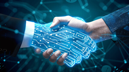 business technology concept, hand of businessman and hands of robot shake hand, friendship, data flow, triangle network lines on background, generative ai