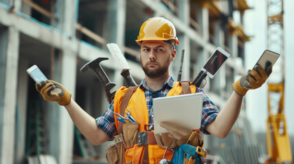 construction worker with many human arms, busy with holding too many things, phone, tablet, bluebrints, construction tools generative ai