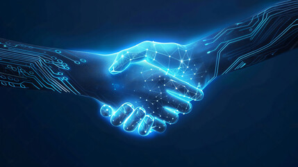business technology concept, hand of businessman and blue hands of robot shake hand, friendship, data flow, blue background, generative ai