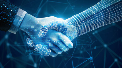 business technology concept, hand of businessman and blue hands of robot shake hand, friendship, data flow, connect network lines,, generative ai