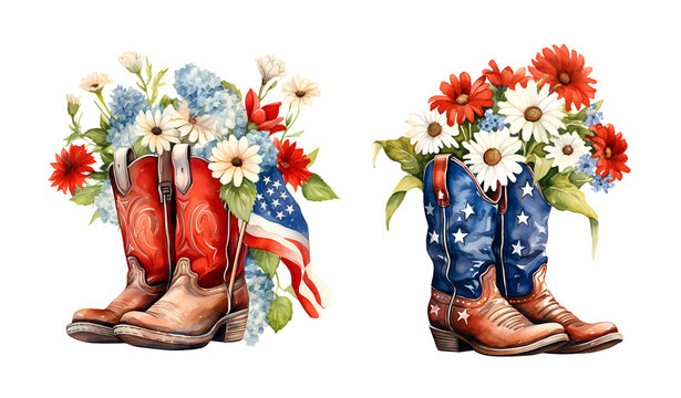 4th of july  pair of old leather cowboy boots Flowers watercolor clipart illustration with isolated background.