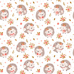 Cute cartoon hedgehog with hearts gifts and rose flowers, lovely vector kids seamless pattern.
