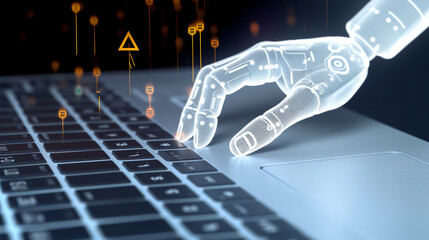 business technology concept, hands of robot pressing button on laptop, computer data, black background, glowing, generative ai