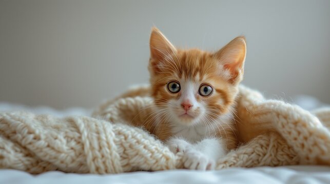 Adorable Ginger and White Kitten Relaxing on Blanket, Curious Gaze