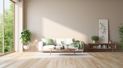 A cozy, bright apartment with huge panoramic windows flooded with sunlight. bedroom in white, beige and pistachio tones. stylish living room with coffee table and large white sofa